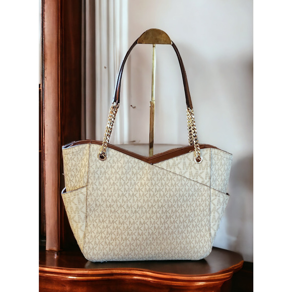 MICHAEL KORS Jet Set Large Logo Chain Strap Bag (vanilla signature - Picture 3 of 12